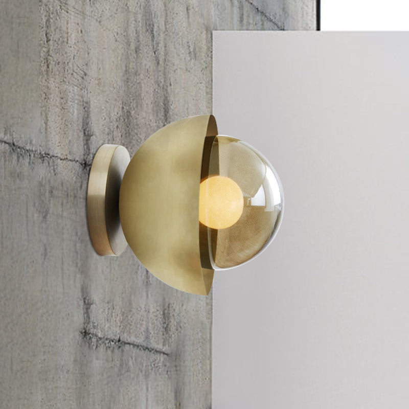 Metallic Half Moon Wall Light Modernist 1-Light Brass/Chrome Wall Light with Orb Tan Glass Shade for Hallway