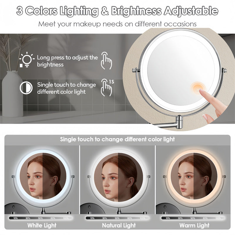 Madigas | Rechargeable wall-mounted shaving mirror | 360° rotation. 1X/10X magnification and adjustable LED lighting for use in the bathroom