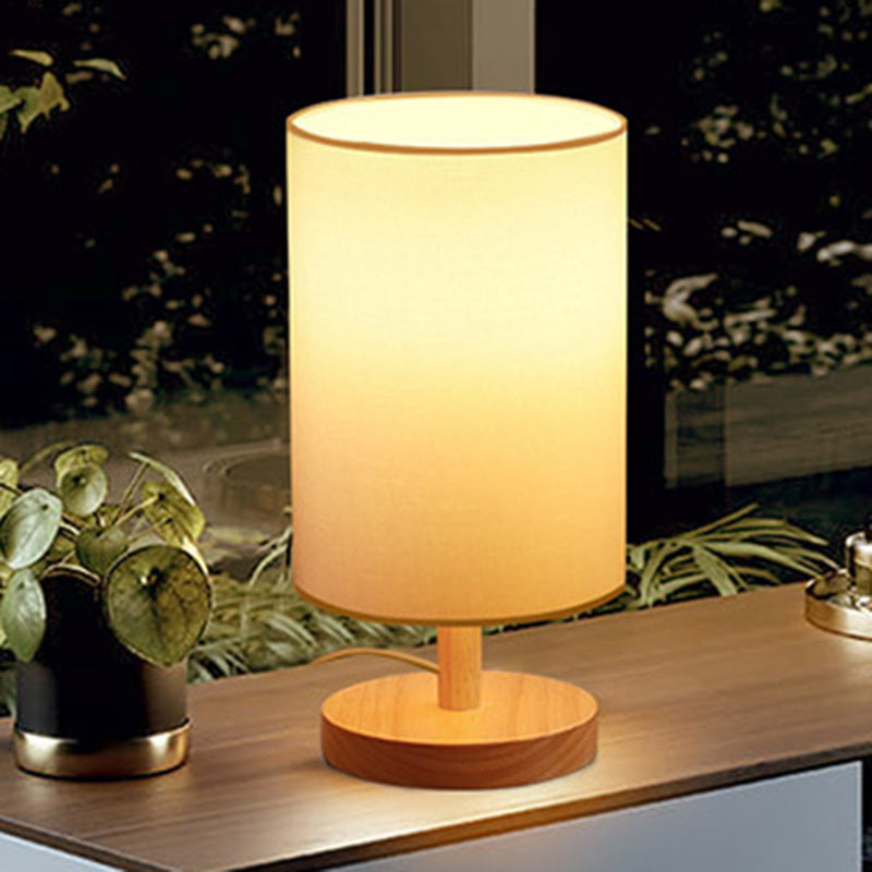 Traditional Japanese Cylinder Wood Fabric 1-Light Table Lamp for the Living Room