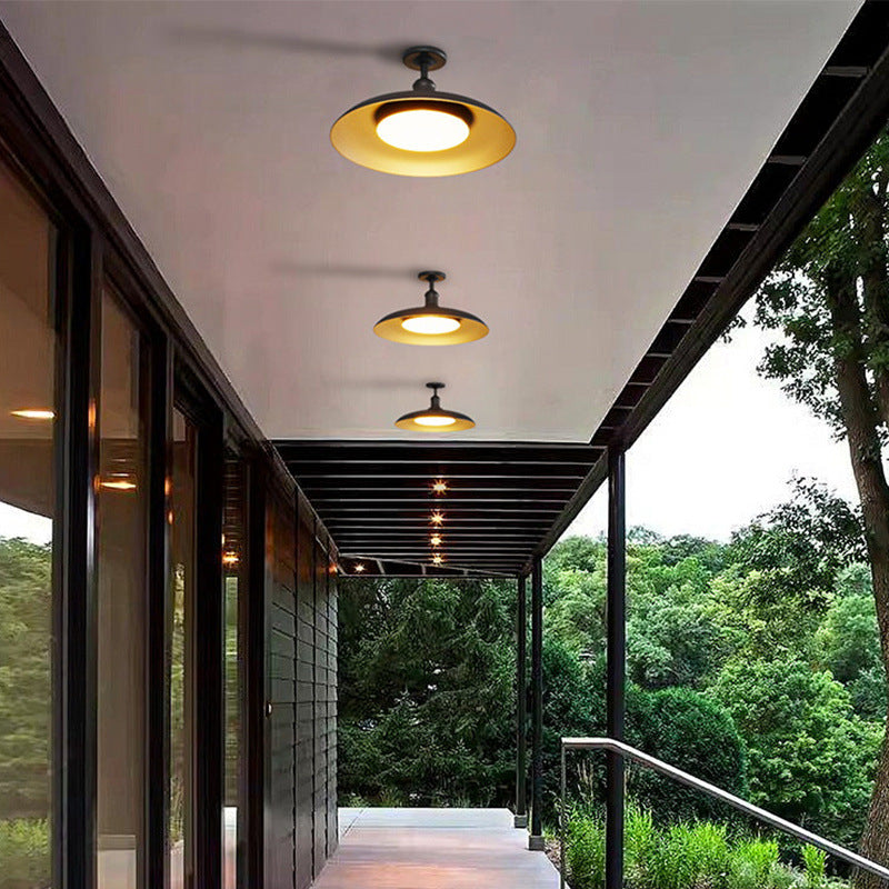 Traditional Vintage Waterproof Outboard Cylinder Disc Base Iron 1-Light Semi-Open Ceiling Light For Outdoor Patio