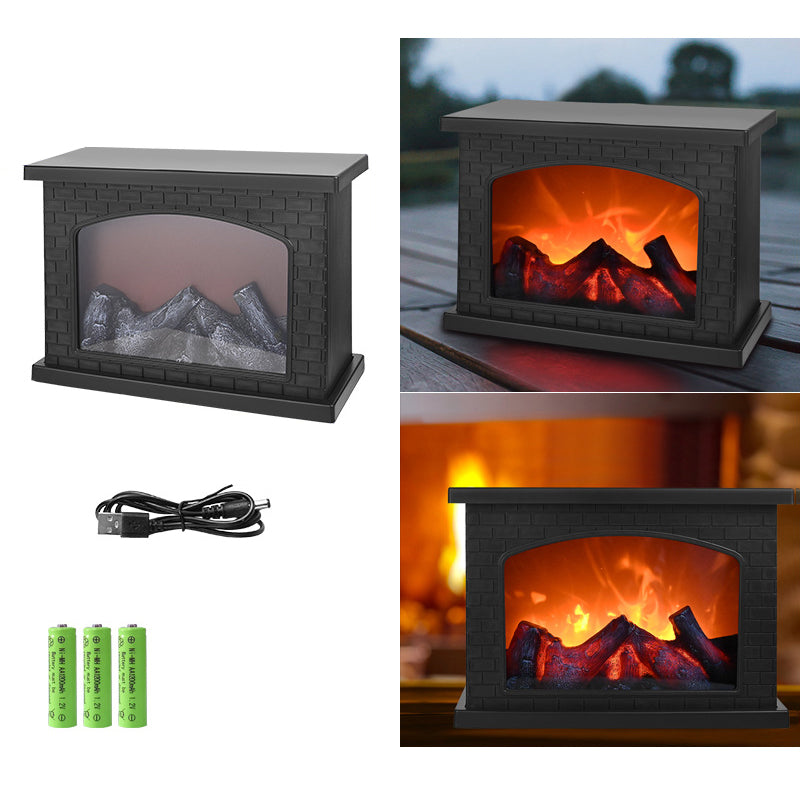 Contemporary Retro ABS Simulated Flame Fireplace Round Battery Rectangular LED Table Lamp for Living Room
