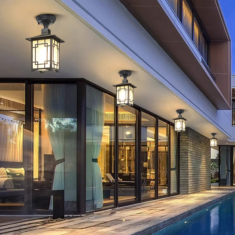 Traditional Chinese waterproof iron-aluminum-glass cylinder pergola 1-light semi-flush-mount ceiling light outdoor light for patio outdoors
