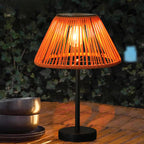 Traditional farmhouse waterproof solar-powered rechargeable weaving gum rattan iron conical LED outdoor table lamp for garden