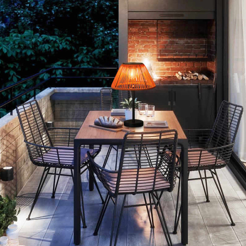 Traditional farmhouse waterproof solar-powered rechargeable weaving gum rattan iron conical LED outdoor table lamp for garden