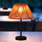 Traditional farmhouse waterproof solar-powered rechargeable weaving gum rattan iron conical LED outdoor table lamp for garden