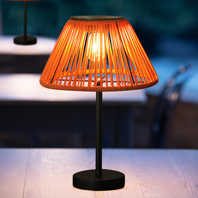 Traditional farmhouse waterproof solar-powered rechargeable weaving gum rattan iron conical LED outdoor table lamp for garden