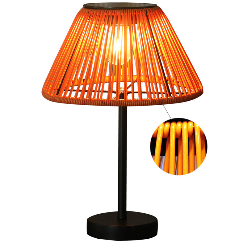 Traditional farmhouse waterproof solar-powered rechargeable weaving gum rattan iron conical LED outdoor table lamp for garden