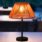 Traditional farmhouse waterproof solar-powered rechargeable weaving gum rattan iron conical LED outdoor table lamp for garden