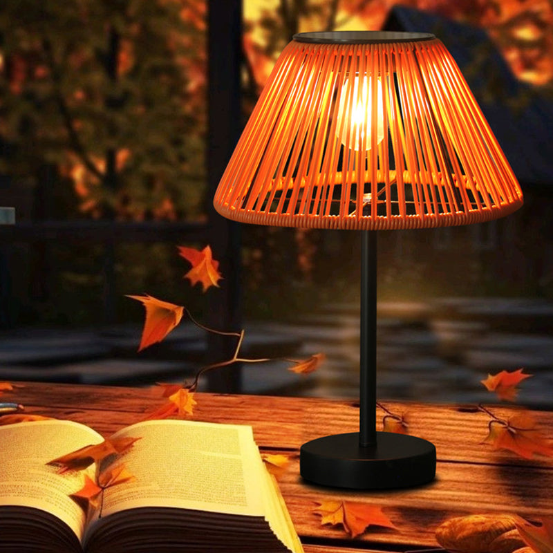 Traditional farmhouse waterproof solar-powered rechargeable weaving gum rattan iron conical LED outdoor table lamp for garden