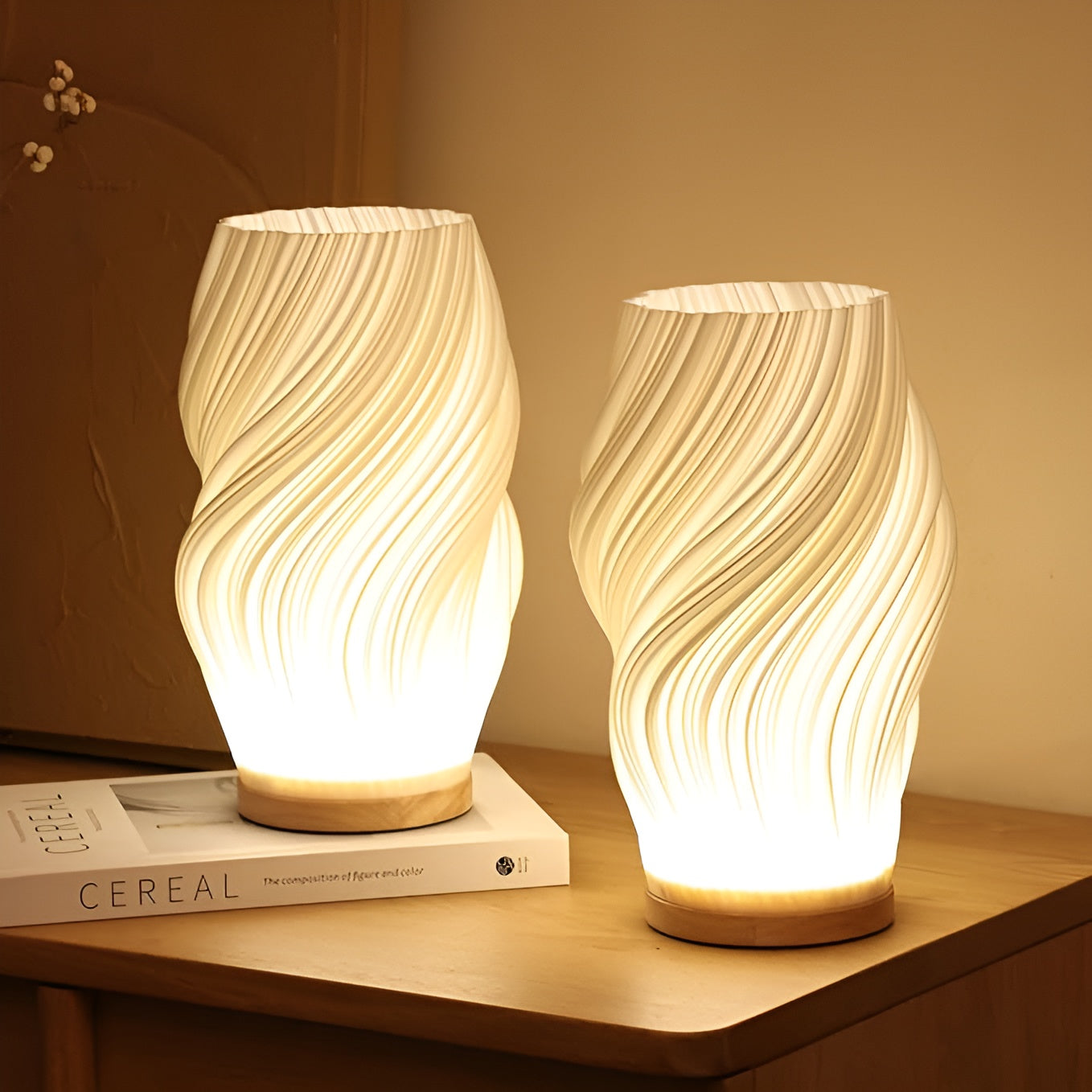 DreamWave - Modern cream-colored 3D wave lamp with elegant metal frame
