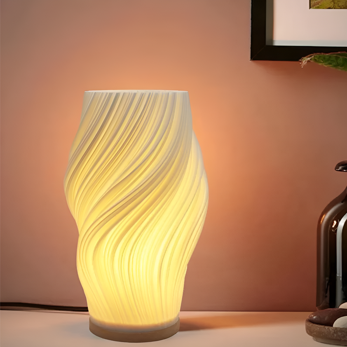 DreamWave - Modern cream-colored 3D wave lamp with elegant metal frame