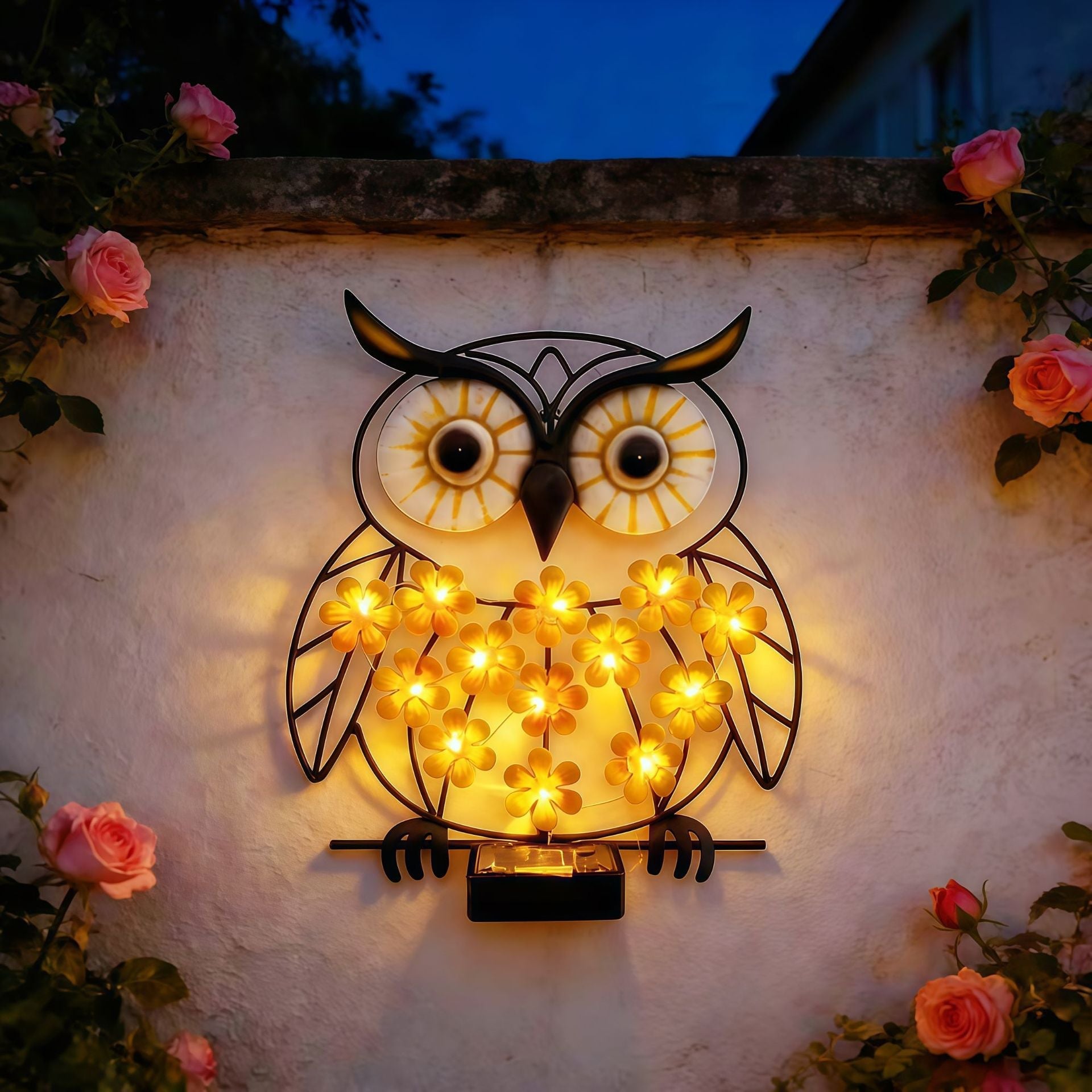 Metal Owl Wall Art With Solar Powered LED Floral Lights And Iron Frame Madigas