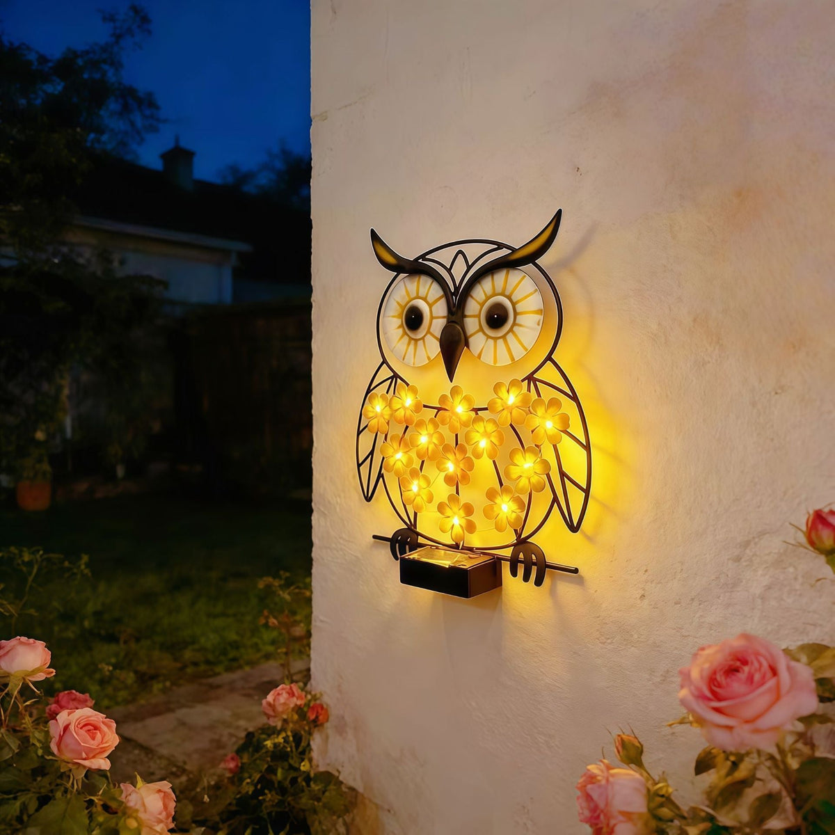Metal Owl Wall Art With Solar Powered LED Floral Lights And Iron Frame Madigas