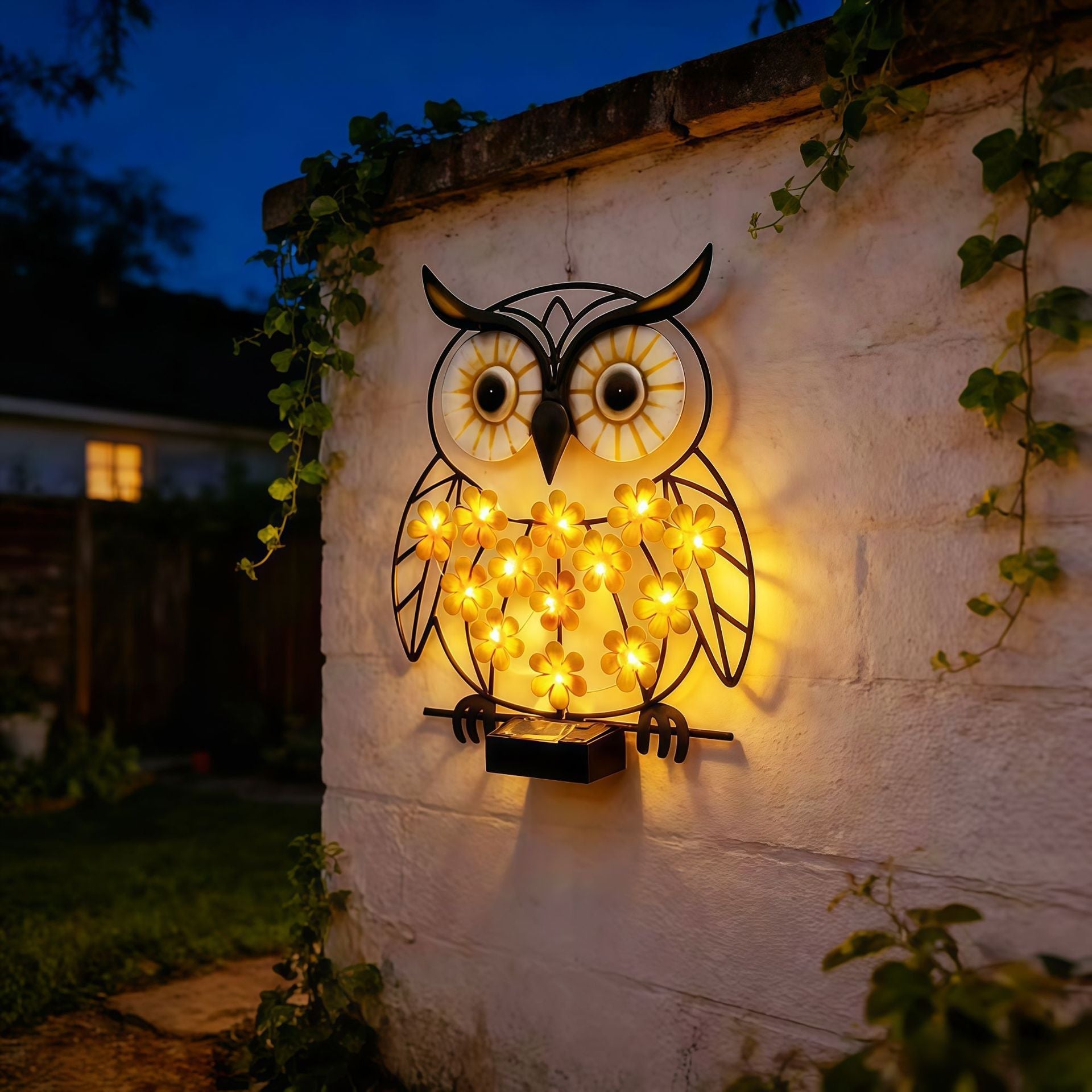 Metal Owl Wall Art With Solar Powered LED Floral Lights And Iron Frame Madigas