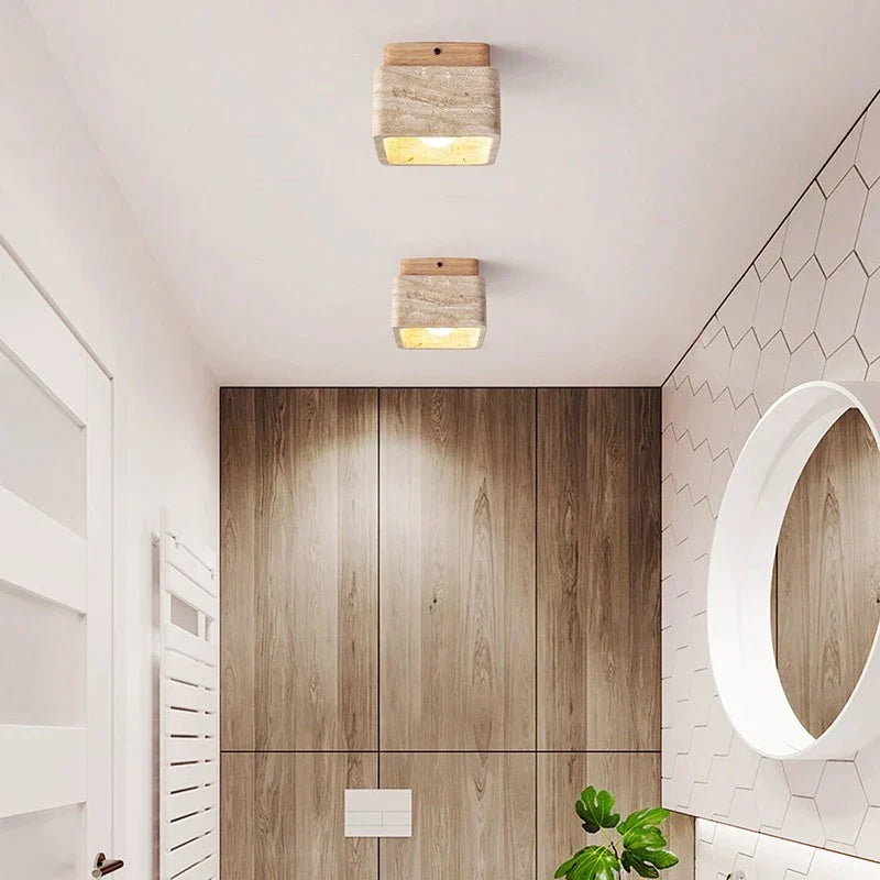Square Travertine and Wood LED Ceiling Light
