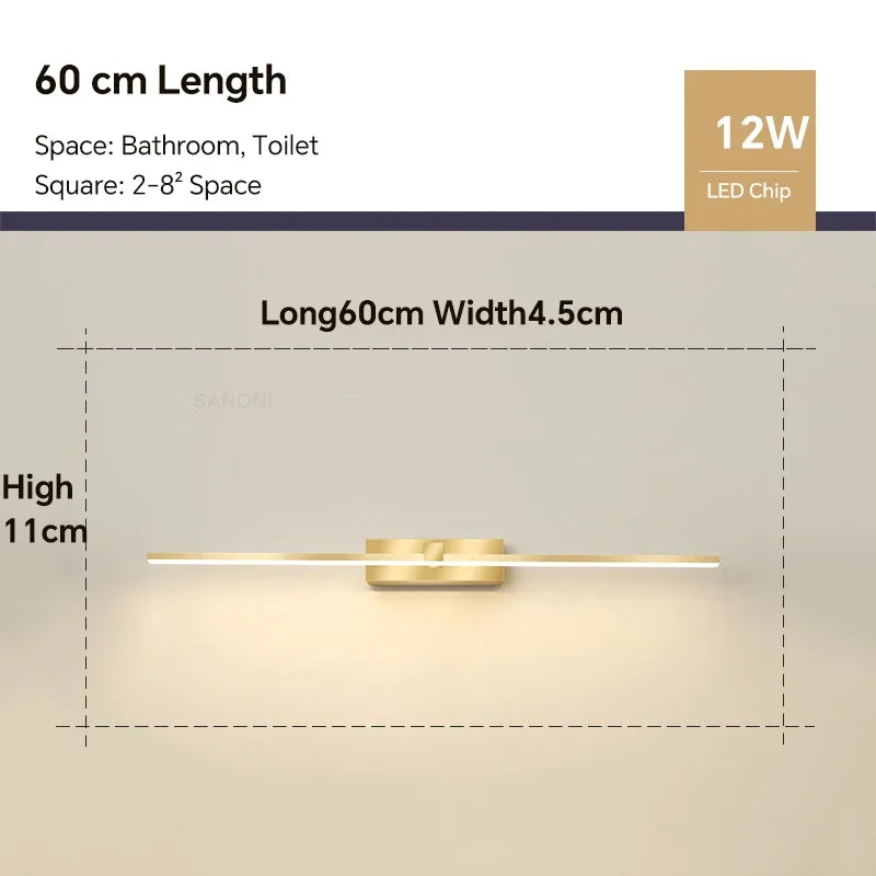 Modern Gold LED Wall Lamp – Bathroom Mirror Light with Touch Switch for Bedroom, Living Room, and Vanity Lighting | Madigas