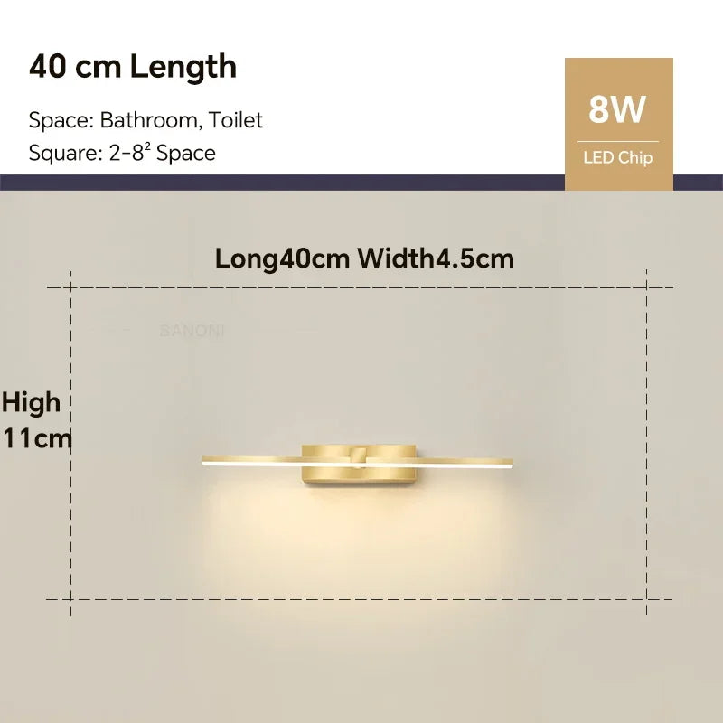 Modern Gold LED Wall Lamp – Bathroom Mirror Light with Touch Switch for Bedroom, Living Room, and Vanity Lighting | Madigas
