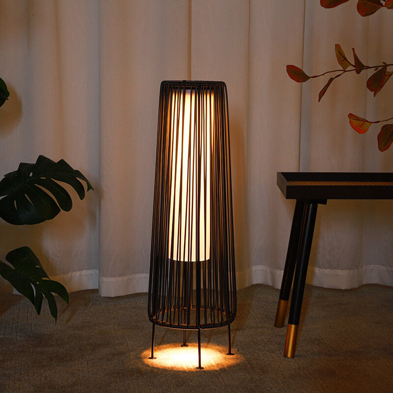 Modern Minimalist Solar Waterproof Round Vertical Pull Strip Iron Rattan LED Standing Floor Lamp For Outdoor Terrace