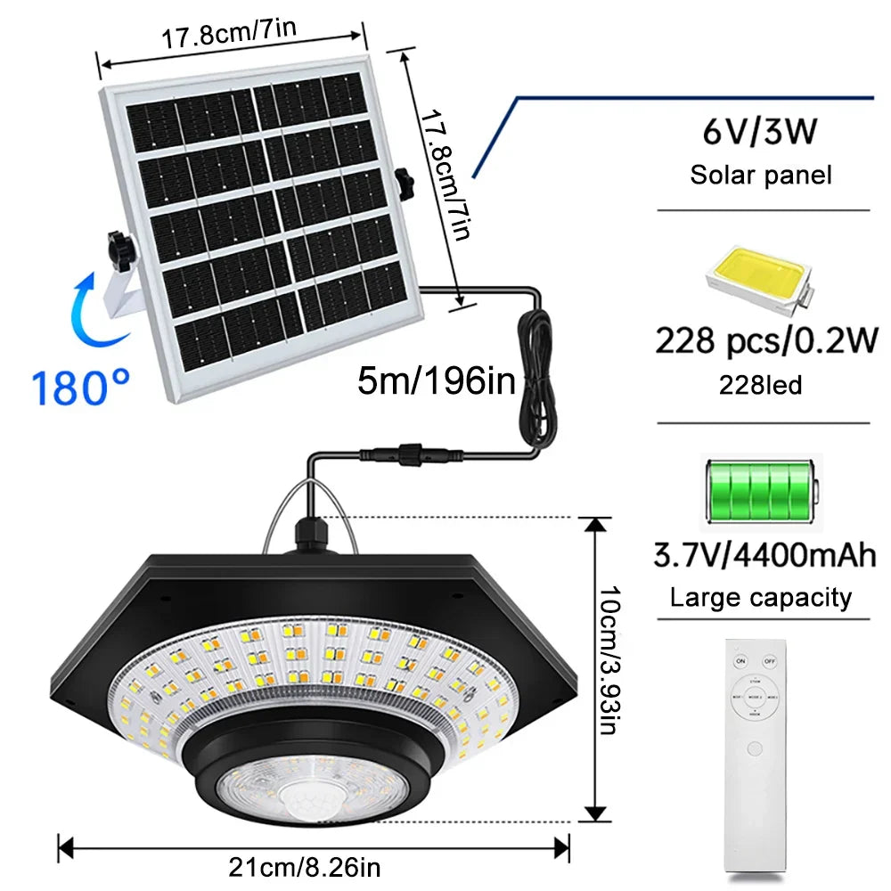 228 LED Solar Ceiling Light | 360° Light Angle | With Remote Control & Motion Sensor | 4400mAh Battery