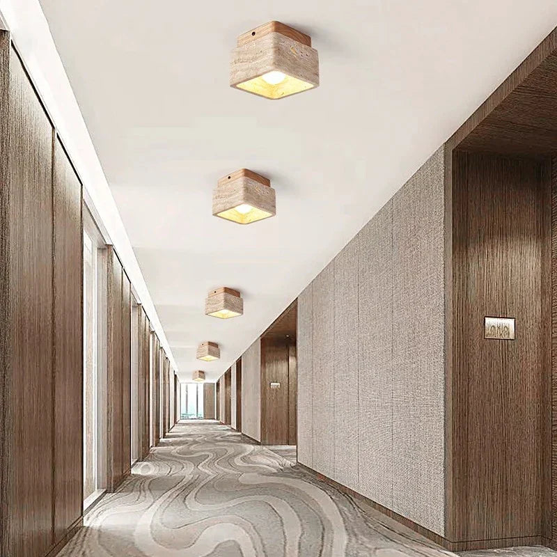 Square Travertine and Wood LED Ceiling Light