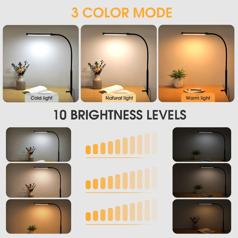 LED Desk Lamp with Light, Eye-friendly Clamp-On Lights for Home Office, 3 Modes 10 Brightness Levels, Long Flexible Goose Neck, Metal, Swing Arm Architect Desk Lamps with USB Adapter, White