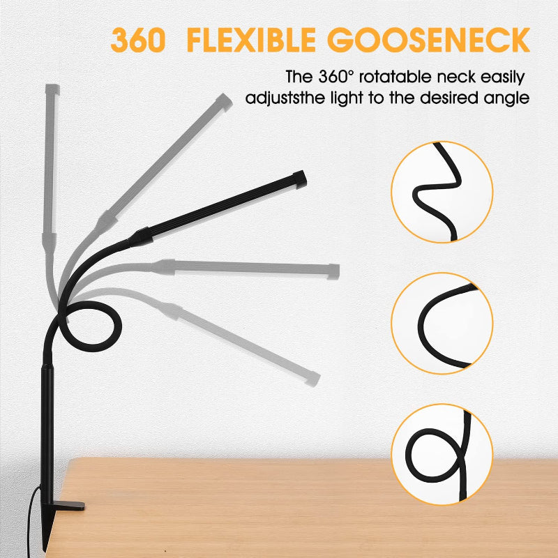LED Desk Lamp with Light, Eye-friendly Clamp-On Lights for Home Office, 3 Modes 10 Brightness Levels, Long Flexible Goose Neck, Metal, Swing Arm Architect Desk Lamps with USB Adapter, White