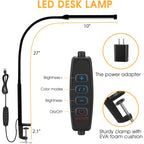 LED Desk Lamp with Light, Eye-friendly Clamp-On Lights for Home Office, 3 Modes 10 Brightness Levels, Long Flexible Goose Neck, Metal, Swing Arm Architect Desk Lamps with USB Adapter, White