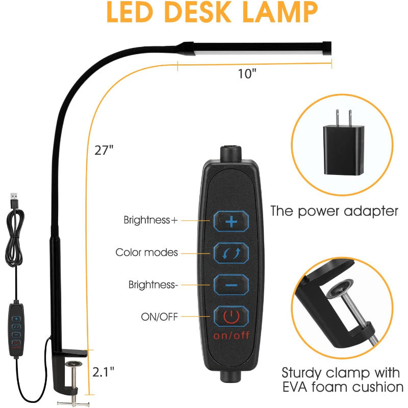 LED Desk Lamp with Light, Eye-friendly Clamp-On Lights for Home Office, 3 Modes 10 Brightness Levels, Long Flexible Goose Neck, Metal, Swing Arm Architect Desk Lamps with USB Adapter, White