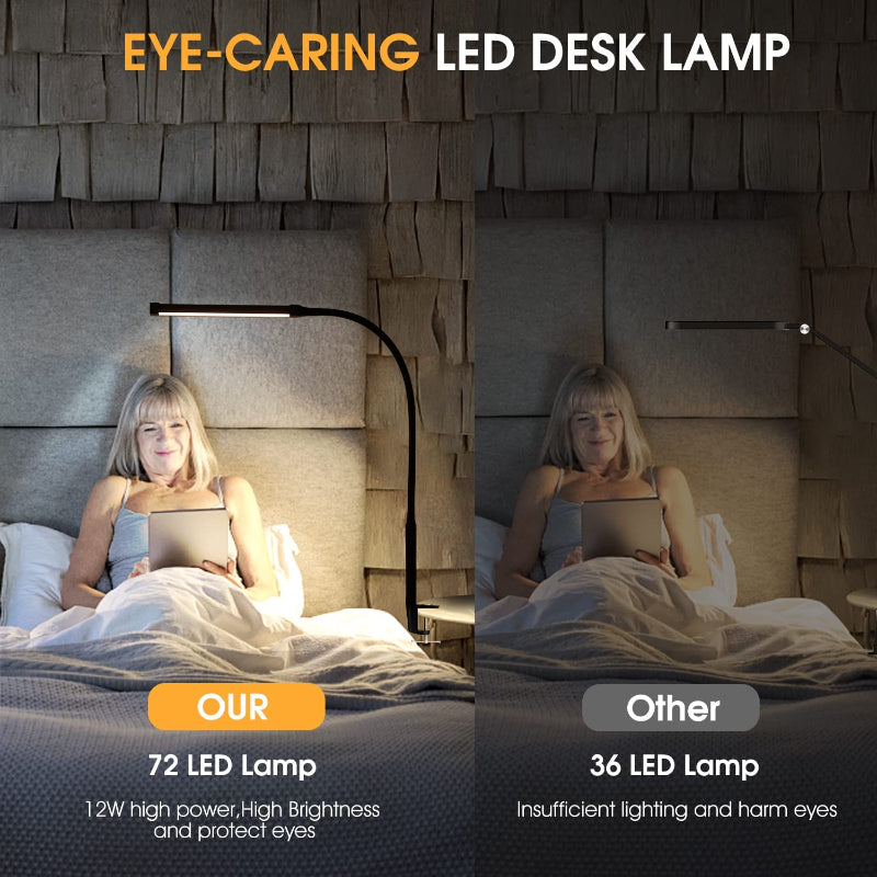 LED Desk Lamp with Light, Eye-friendly Clamp-On Lights for Home Office, 3 Modes 10 Brightness Levels, Long Flexible Goose Neck, Metal, Swing Arm Architect Desk Lamps with USB Adapter, White