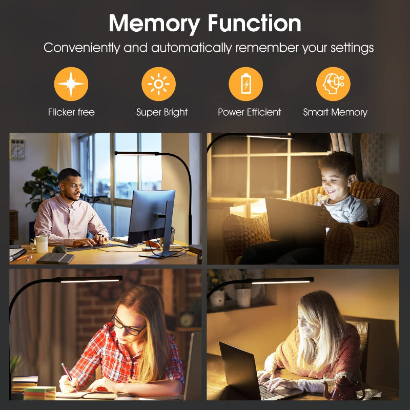 LED Desk Lamp with Light, Eye-friendly Clamp-On Lights for Home Office, 3 Modes 10 Brightness Levels, Long Flexible Goose Neck, Metal, Swing Arm Architect Desk Lamps with USB Adapter, White