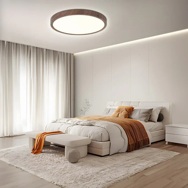 Modern circular ceiling light with adjustable LED light in warm walnut color for living room and bedroom