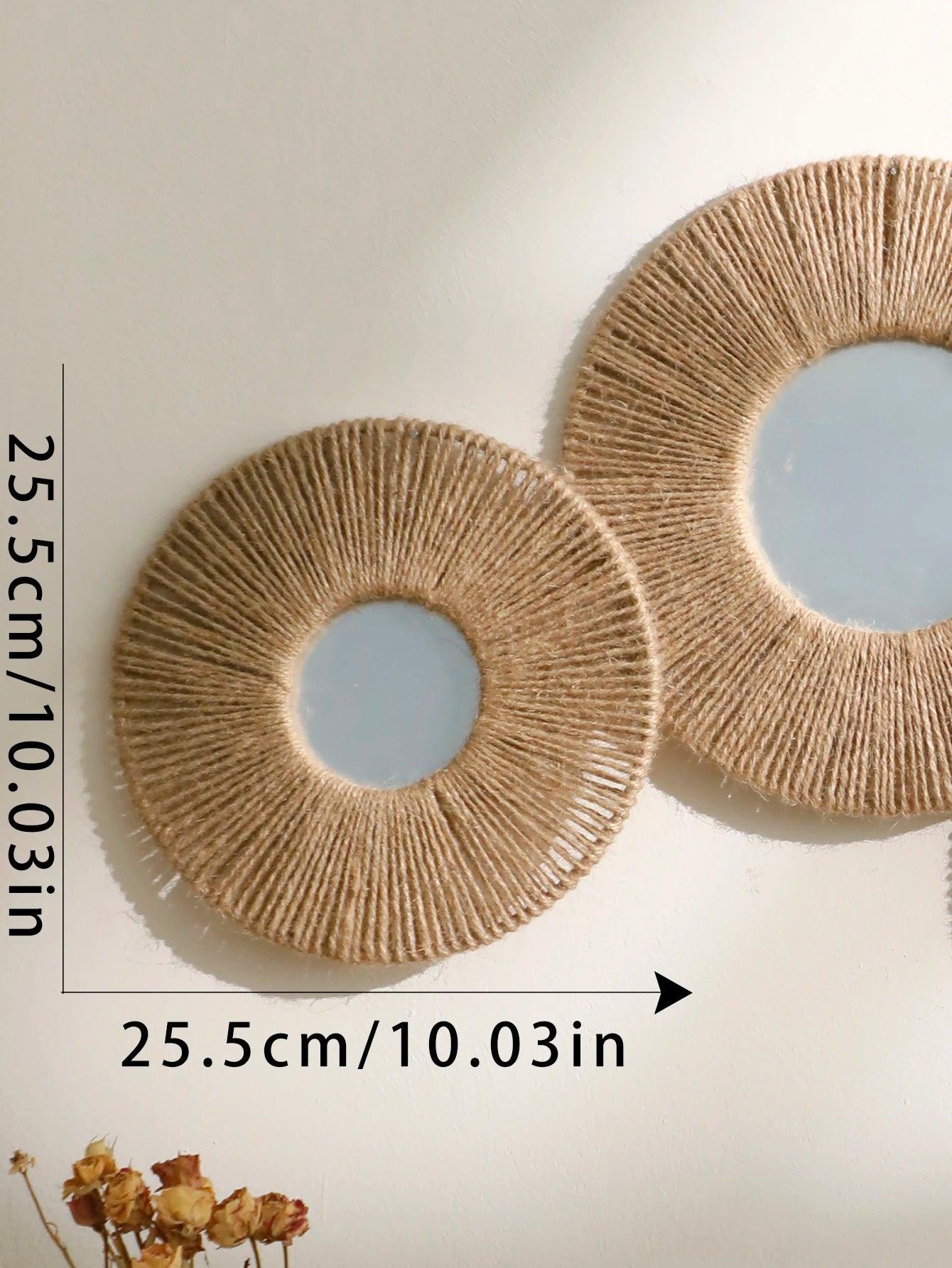Madigas | Round decorative wall mirror in boho style with woven hemp rope