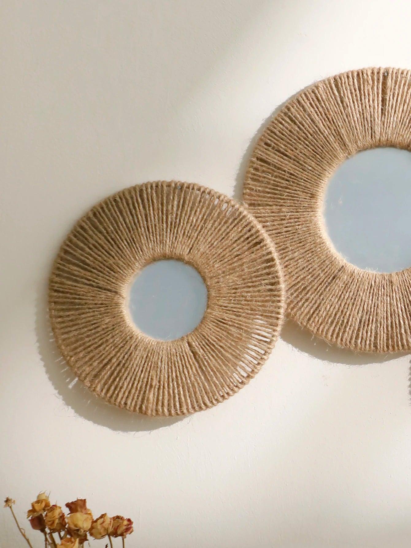Madigas | Round decorative wall mirror in boho style with woven hemp rope