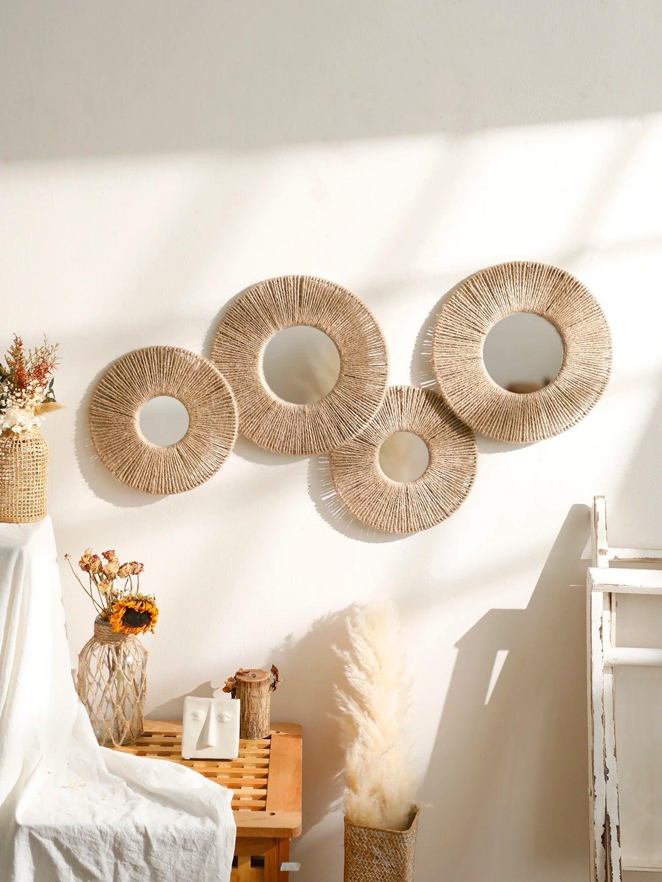 Madigas | Round decorative wall mirror in boho style with woven hemp rope