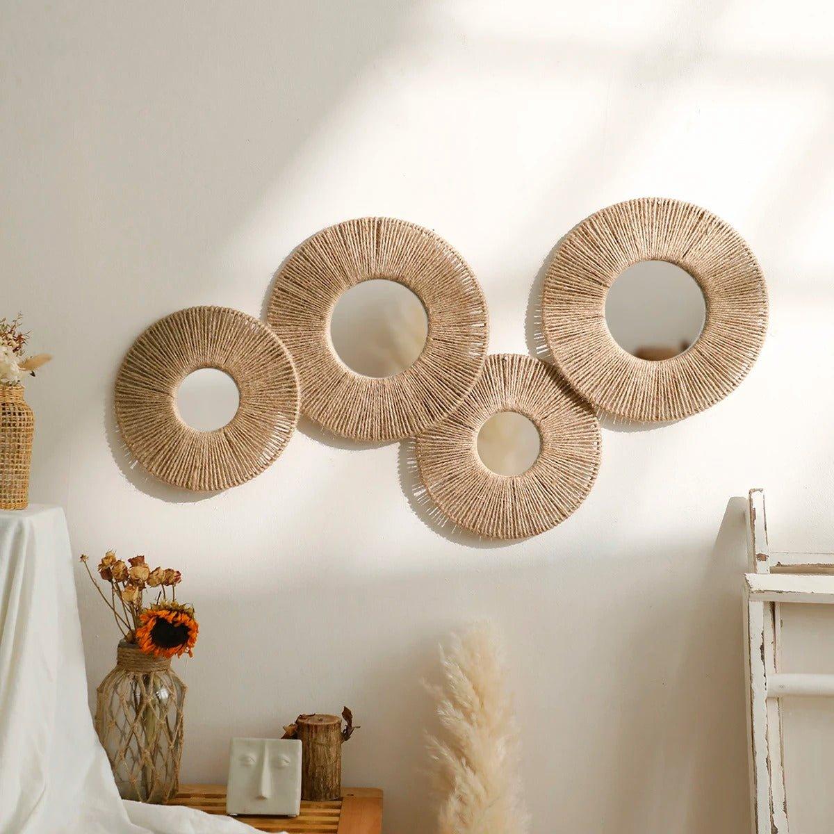 Madigas | Round decorative wall mirror in boho style with woven hemp rope