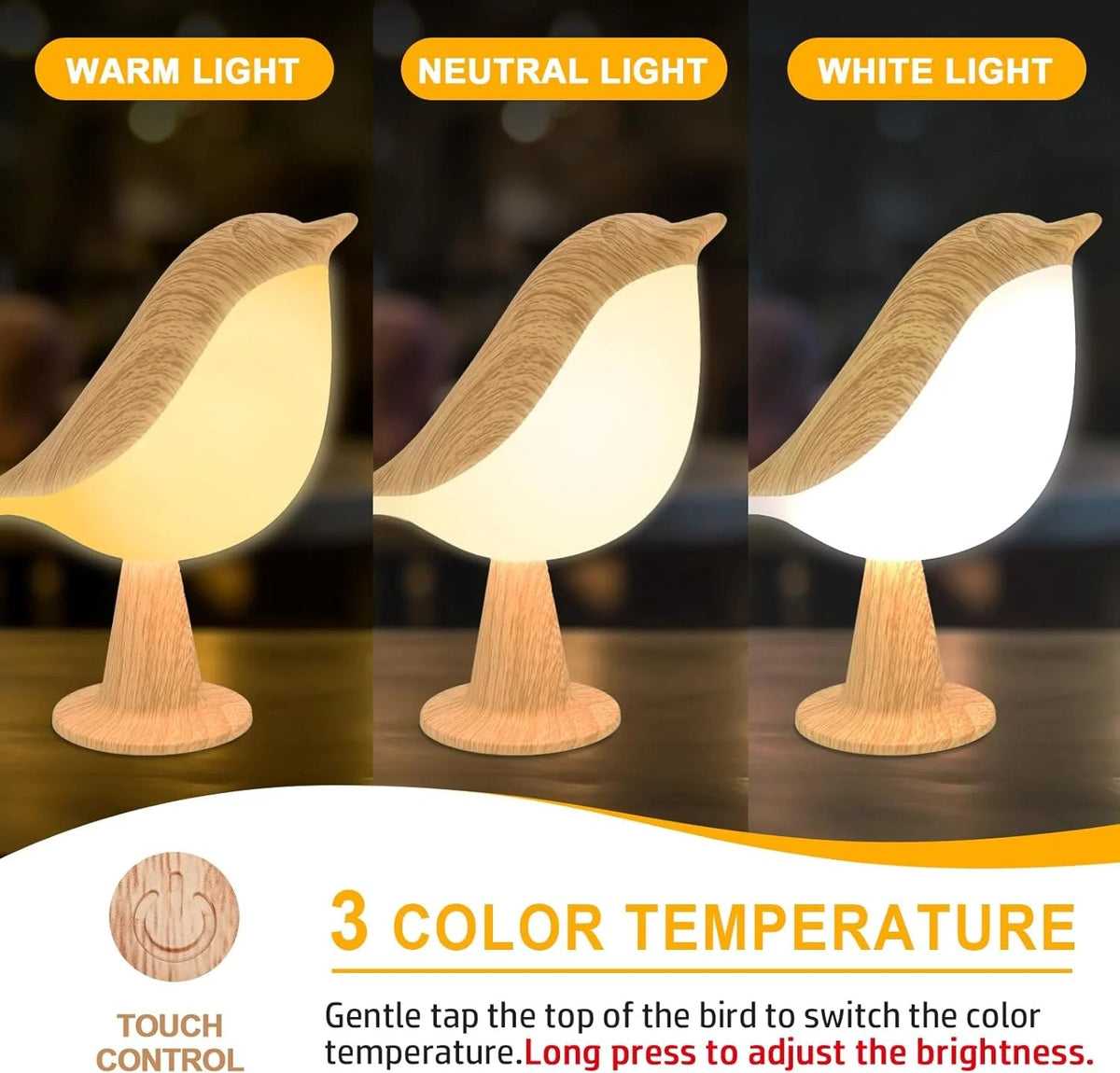 Touch-Control Wood Bird Night Light - Rechargeable LED Desk Lamp