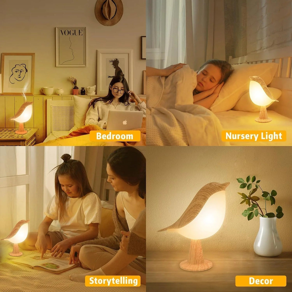 Touch-Control Wood Bird Night Light - Rechargeable LED Desk Lamp