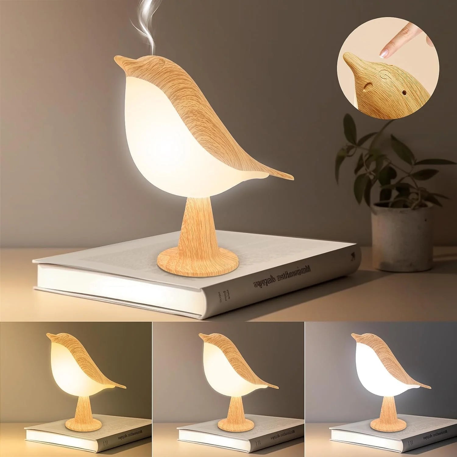 Touch-Control Wood Bird Night Light - Rechargeable LED Desk Lamp