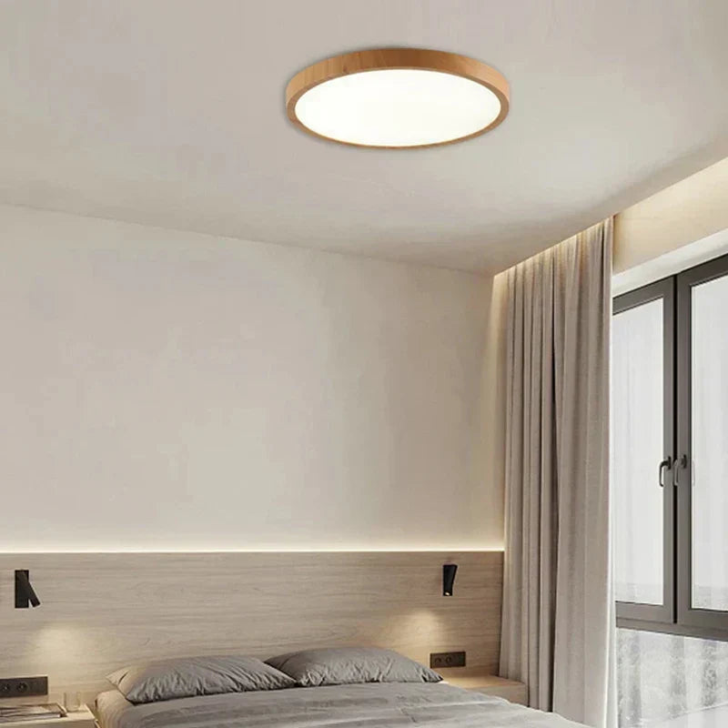 Modern circular ceiling light with adjustable LED light in warm walnut color for living room and bedroom